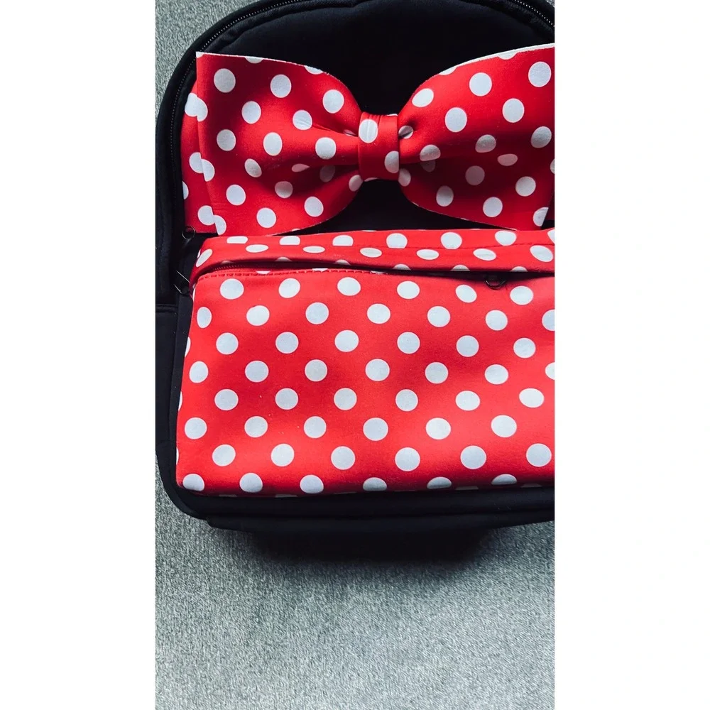 Disney Minnie Mouse Backpack Kids Small Black Red Polka Dot 3D Bow Bag